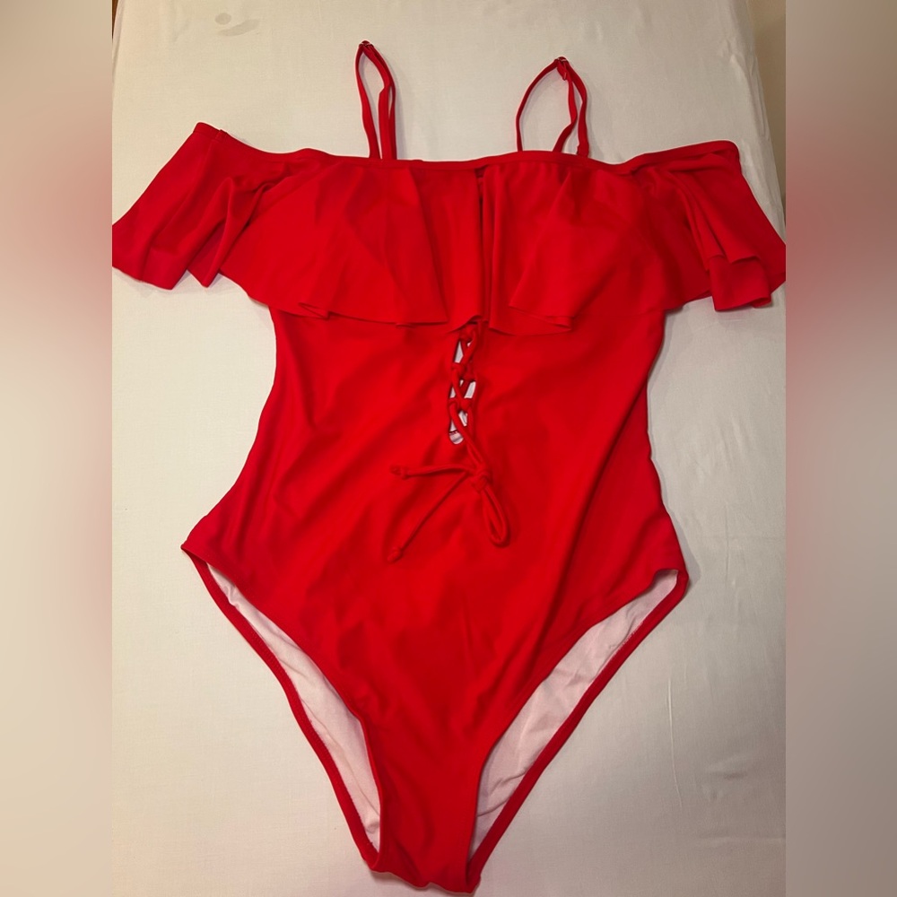 Red one piece off the shoulder swim suit lace up